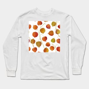 Physalis flowers watercolor seamless pattern. Golden berry plants. Cape gooseberry buds. Colorful autumn leaves structure Long Sleeve T-Shirt